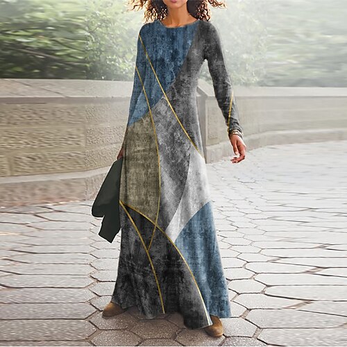 

Women's Casual Dress Swing Dress Long Dress Maxi Dress Blue Long Sleeve Geometric Pocket Winter Fall Autumn V Neck Winter Dress Fall Dress 2022 S M L XL XXL 3XL