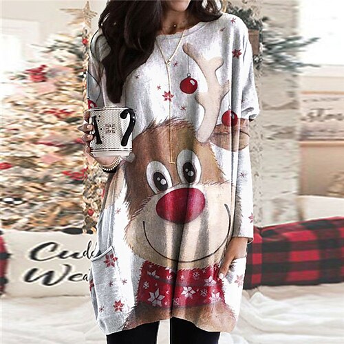 

Women's Christmas Casual Dress T Shirt Dress Tee Dress Shift Dress Mini Dress Khaki Beige White Long Sleeve Animal Pocket Winter Fall Autumn Crew Neck Vacation Loose Fit 2022 S M L XL XXL 3XL / Print