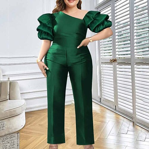 

Women's Plus Size Jumpsuit Ruffle Solid Color Streetwear Formal Work High Full Length Fall Winter Green L XL XXL 3XL 4XL