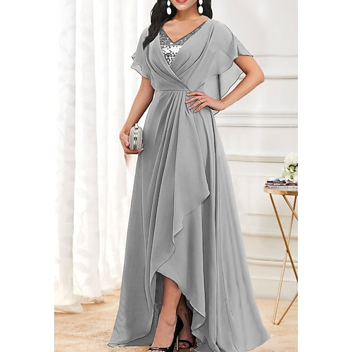 

Women's Party Dress Sequin Dress Maxi long Dress Gray Short Sleeve Pure Color Sequins Ruched Fall Winter V Neck Stylish Formal Modern 2022 S M L XL 2XL 3XL