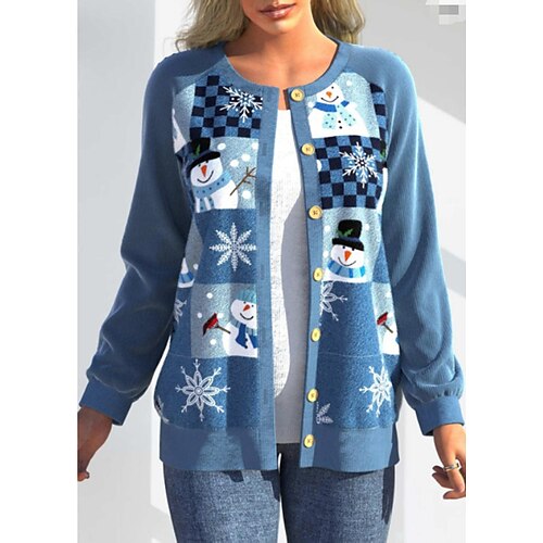 

Women's Ugly Christmas Sweater Pullover Sweater Cardigan Sweater Jumper Ribbed Knit Button Knitted Plaid Crew Neck Stylish Casual Outdoor Christmas Winter Fall Blue S M L / Long Sleeve / Weekend