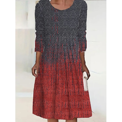 

Women's Casual Dress Midi Dress Red Long Sleeve Print Fall Spring Crew Neck Winter Dress Fall Dress Loose Fit 2022 S M L XL 2XL 3XL 4XL 5XL 6XL