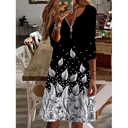 

Women's Casual Dress Shift Dress Black And White Black Long Sleeve Floral Zipper Winter Fall Autumn V Neck Winter Dress Weekend Fall Dress 2022 S M L XL 2XL 3XL 4XL 5XL 6XL