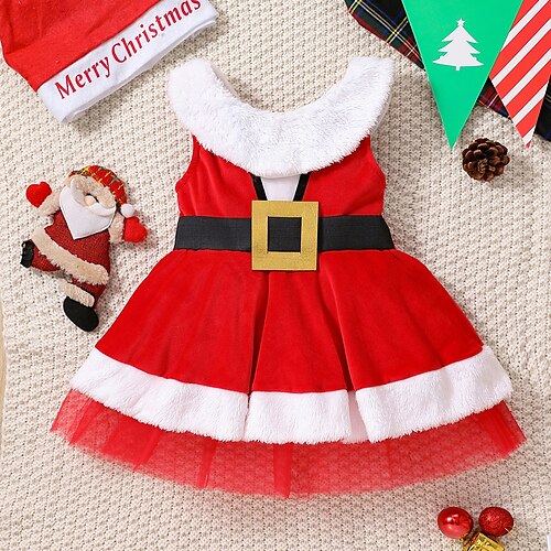 

Kids Girls' Christmas Dress Color Block A Line Dress Dress Performance Crewneck Cotton Sleeveless Fashion Dress 3-7 Years Spring Red