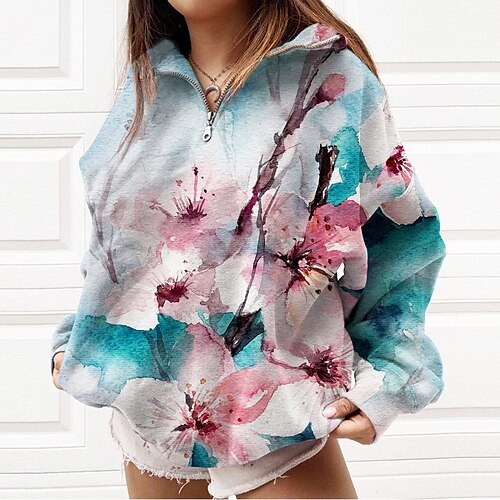 

Women's Sweatshirt Pullover Basic Zipper Green Blue Purple Floral Casual V Neck Long Sleeve S M L XL 2XL