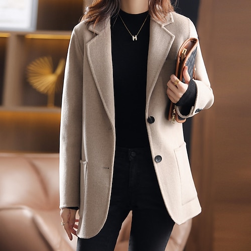 

Women's Winter Coat Warm Breathable Outdoor Office Work Button Pocket Single Breasted Turndown OL Style Elegant Modern Solid Color Regular Fit Outerwear Long Sleeve Winter Fall Black Camel Khaki S M