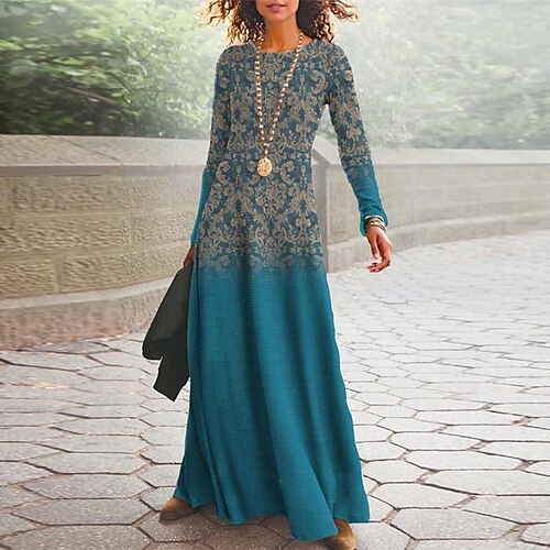 

Women's Casual Dress Swing Dress Long Dress Maxi Dress Blue Long Sleeve Floral Print Winter Fall Crew Neck Vacation Casual Fall Dress 2022 S M L XL XXL / Winter Dress
