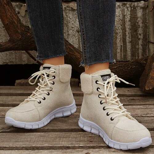 

Women's Boots Daily Combat Boots Plus Size Booties Ankle Boots Winter Chunky Heel Round Toe Casual PU Leather Lace-up Almond