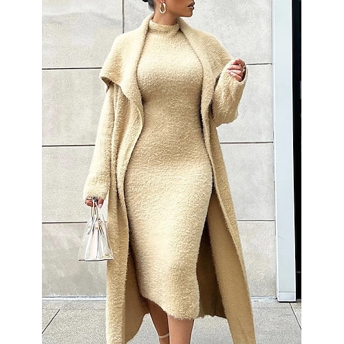 

Women's Party Dress Sweater Dress Sheath Dress Midi Dress Khaki Long Sleeve Pure Color Layered Winter Fall Autumn Stand Collar Party Winter Dress Fall Dress 2022 S M L XL XXL 3XL