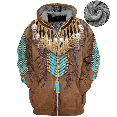 

Men's Full Zip Hoodie Jacket Brown Hooded Tribal Graphic Prints Zipper Print Sports Outdoor Daily Sports 3D Print Fleece Streetwear Designer Casual Winter Clothing Apparel Hoodies Sweatshirts Long