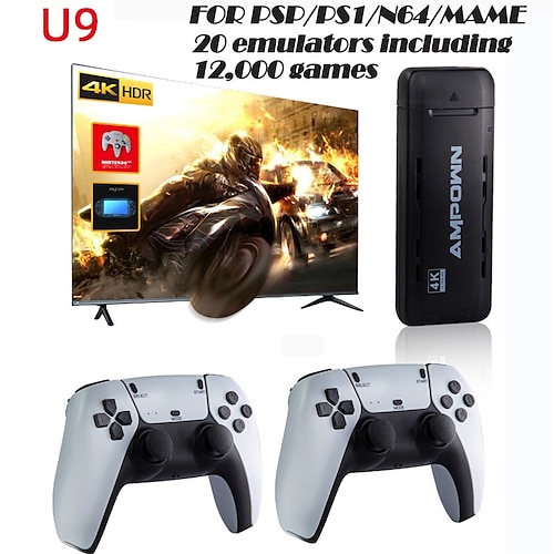 

New Ampown U9 TV Game Stick With Two 2.4G Wireless Controller 64GB 10000 PS PSP Retro Video Games Console Gaming Player GameBox Christmas Gift for Boys and Girls