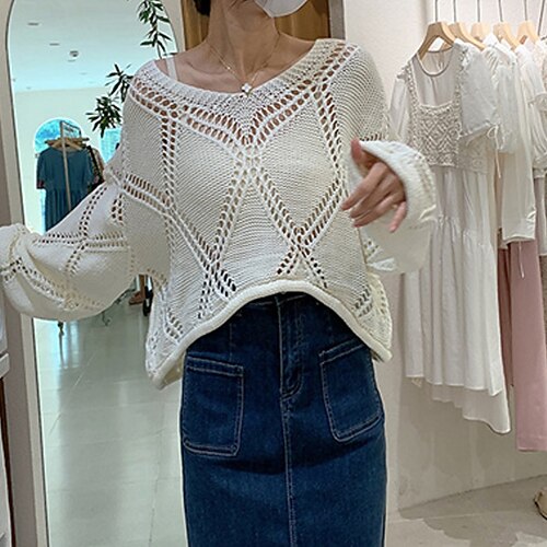 

Women's Pullover Sweater jumper Jumper Ribbed Knit Knitted Pure Color V Neck Stylish Casual Daily Holiday Winter Fall Khaki White One-Size / Long Sleeve / Regular Fit