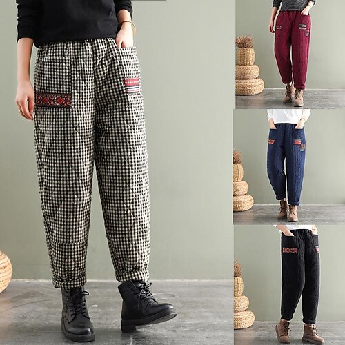 

Women's Fleece Pants Pants Trousers Cotton Yellow Wine Red Fashion Casual Daily Side Pockets Print Micro-elastic Full Length Comfort Plaid Checkered XL XXL 3XL
