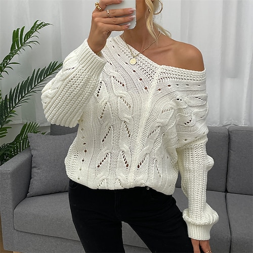 

Women's Pullover Sweater jumper Jumper Crochet Knit Hollow Out Knitted Pure Color V Neck Stylish Casual Home Daily Winter Fall White S M L / Long Sleeve / Holiday / Regular Fit / Going out