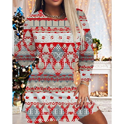 

Women's Christmas Bodycon Print Dress Mini Dress Blue Red White Long Sleeve Elk Tree Snowflake Print Winter Autumn Crew Neck Fashion Casual 2022 S M L XL 2XL 3XL 4XL 5XL 6XL