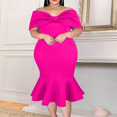 

Women's Plus Size Party Dress Solid Color Off Shoulder Short Sleeve Fall Winter Elegant Formal Sexy Knee Length Dress Formal Party Dress