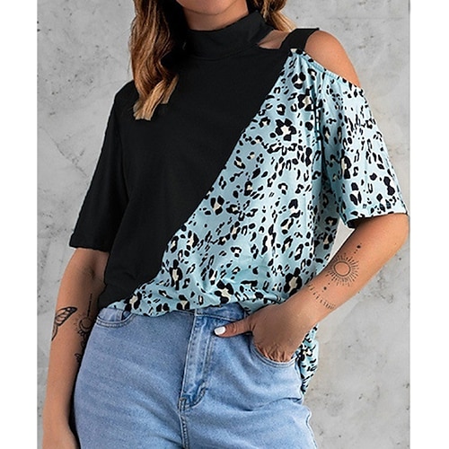 

Women's T shirt Tee Black Blue Yellow Leopard Color Block Cut Out Print Short Sleeve Daily Weekend Basic High Neck Regular S