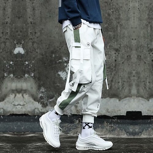 

Men's Cargo Pants Joggers Trousers Jogging Pants Parachute Pants Elastic Waist Multi Pocket Ribbon Color Block Embroidery Streetwear Hip Hop Harajuku 571 [Black] 571[White]