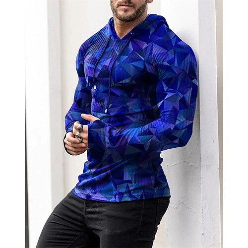 

Men's T shirt Tee Graphic Geometric Hooded Blue Yellow Red 3D Print Outdoor Street Long Sleeve Print Clothing Apparel Fashion Designer Casual Breathable