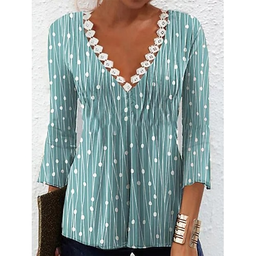 

Women's Shirt Green Blue Polka Dot Striped Lace Trims Print 3/4 Length Sleeve Casual Basic V Neck Regular S