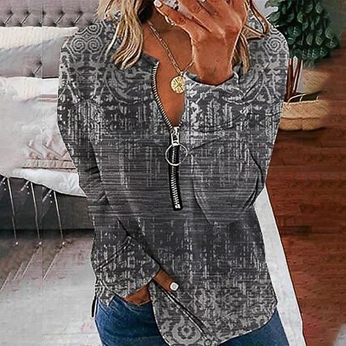 

Women's Sweatshirt Pullover Active Zipper Green Gray Graphic Street V Neck Long Sleeve S M L XL 2XL 3XL