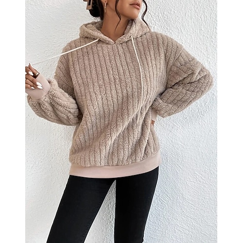 

Women's Hoodie Sweatshirt Pullover Sherpa Fleece Teddy Pocket Beige Solid Color Street Hoodie Long Sleeve Fleece S M L XL 2XL