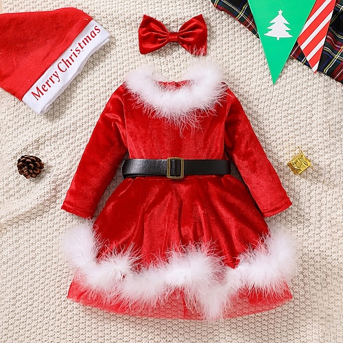 

Kids Girls' Christmas Dress Solid Color A Line Dress Asymmetrical Dress Christmas Gifts Cotton Long Sleeve Active Dress 3-7 Years Winter Red