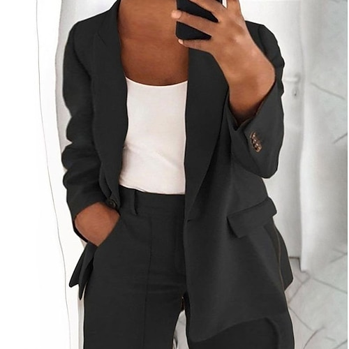 

Women's Plus Size Curve Blazer Plain Causal Vacation Long Sleeve Notch lapel collar Regular Fall Winter Black Blue Gray L XL XXL 3XL 4XL