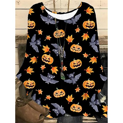 

Women's Plus Size Tops Blouse Shirt Pumpkin Bat Print Long Sleeve Crewneck Casual Halloween Halloween Daily Polyester Fall Winter Yellow Orange