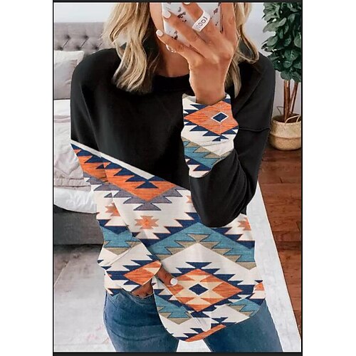 

Women's Sweatshirt Pullover Active Black Geometric Street Round Neck Long Sleeve S M L XL