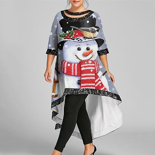 

Women's Plus Size Christmas Casual Dress Snowman Boat Neck Print Half Sleeve Winter Fall Casual Maxi long Dress Daily Dress
