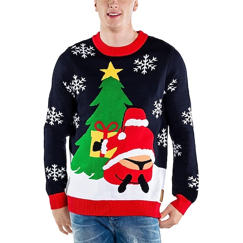 

Men's Sweater Ugly Christmas Sweater Pullover Sweater Jumper Ribbed Knit Cropped Knitted Santa Claus Crew Neck Keep Warm Modern Contemporary Christmas Work Clothing Apparel Fall & Winter Navy Blue S