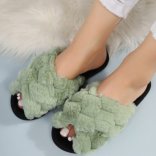 

Women's Slippers Home Fuzzy Slippers Fluffy Slippers House Slippers Fleece Slippers Winter Flat Heel Open Toe Polyester Loafer Green Rosy Pink Khaki