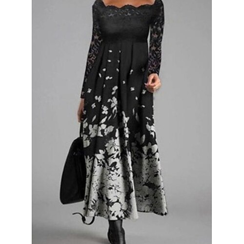 

Women's Midi Dress Maxi long Dress Black Long Sleeve Print Ruched Print Fall Winter Off Shoulder Stylish Modern 2022 S M L XL XXL 3XL