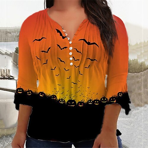 

Women's Plus Size Tops Blouse Shirt Pumpkin Button Print 3/4 Length Sleeve V Neck Casual Halloween Halloween Daily Cotton Spandex Jersey Fall Winter Orange