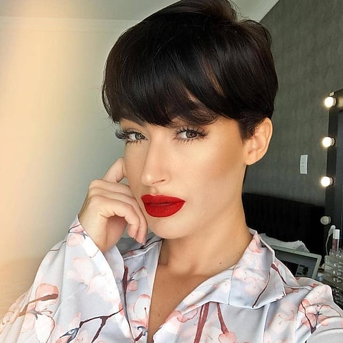

Short Human Hair Wigs Pixie Cut Straight perruque bresillienne for Black Women Machine Made Wigs With Bangs Cheap Glueless Wig