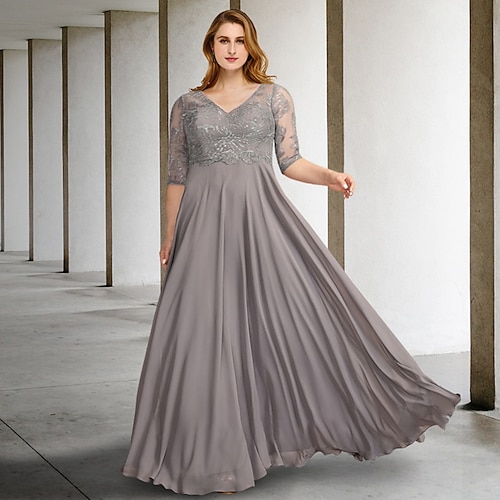 

A-Line Plus Size Curve Mother of the Bride Dresses Elegant Dress Formal Floor Length Half Sleeve V Neck Chiffon with Pleats Sequin Appliques 2022
