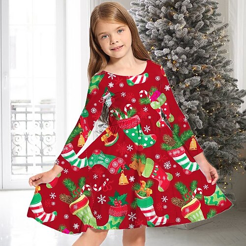 

Kids Girls' Christmas Dress Graphic Casual Dress Above Knee Dress Christmas Gifts Crewneck Long Sleeve Adorable Dress 2-13 Years Winter Black Wine Red