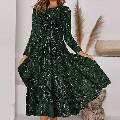 

Women's Casual Dress Swing Dress Midi Dress Green Long Sleeve Color Gradient Pocket Print Winter Fall Vacation Casual Fall Dress 2022 S M L XL XXL 3XL / Winter Dress
