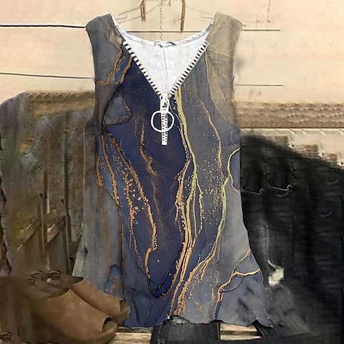 

Mulheres Plus Size Blusas Malha Íntima Cores Gradiente Zíper Imprimir Sem Manga Decote V Roupa de rua Diário Feriado Algodão Spandex Jersey Primavera Verão Azul / Tamanho Grande