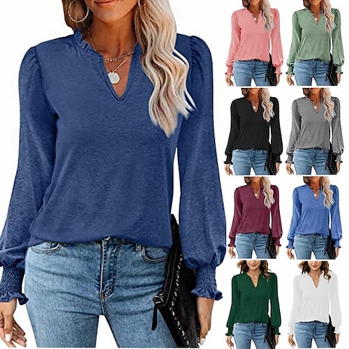 

Women's T shirt Tee Solid / Plain Color Basic V Neck Puff Sleeve Standard Spring, Fall, Winter, Summer Pink Navy Blue Grey White Black