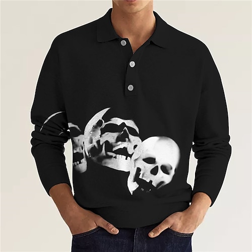 

Men's Collar Polo Shirt Golf Shirt Skull Turndown Black 3D Print Halloween Street Long Sleeve Button-Down Print Clothing Apparel Fashion Designer Casual Breathable