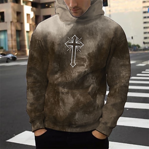 

Men's Pullover Hoodie Sweatshirt Brown Hooded Graphic Prints Cross Print Daily Sports 3D Print Basic Streetwear Designer Spring & Fall Clothing Apparel Hoodies Sweatshirts