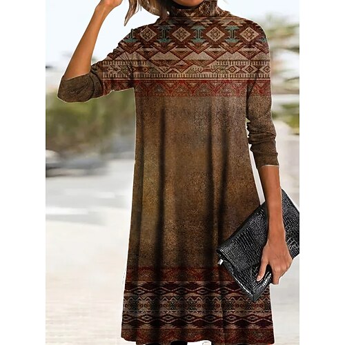 

Women's Burnt Orange Dress Print Dress Short Mini Dress caramel 3/4 Length Sleeve Print Print Fall Winter Stand Collar Stylish Modern 2022 S M L XL 2XL 3XL