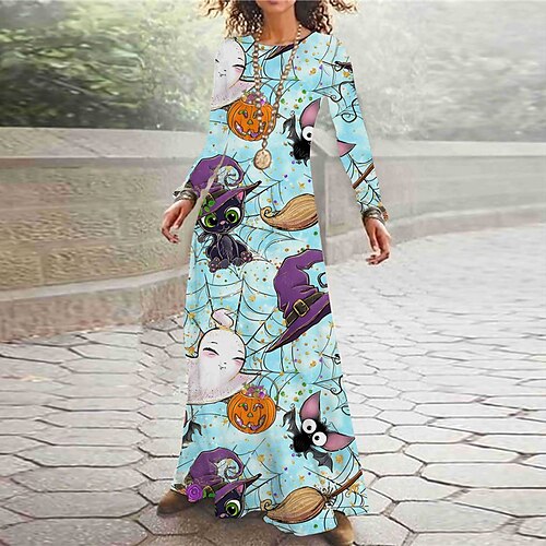 

Women's Casual Dress Swing Dress Long Dress Maxi Dress Blue Purple Khaki Long Sleeve Pumpkin Print Winter Fall Autumn Crew Neck Fashion Winter Dress Christmas Fall Dress 2022 S M L XL XXL 3XL 4XL 5XL