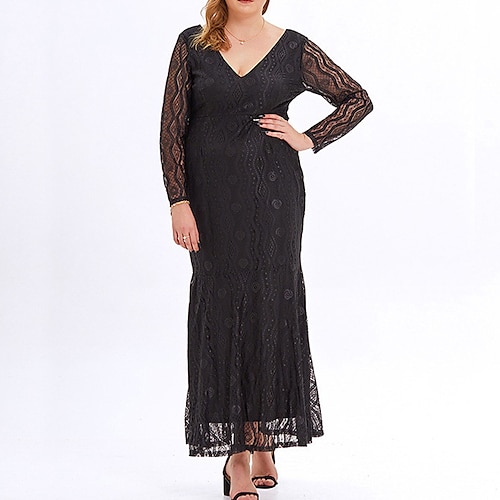 

Women's Plus Size Party Dress Solid Color V Neck Long Sleeve Winter Fall Elegant Formal Sexy Maxi long Dress Formal Party Dress / Sheath Dress / Black Dress / Lace Dress