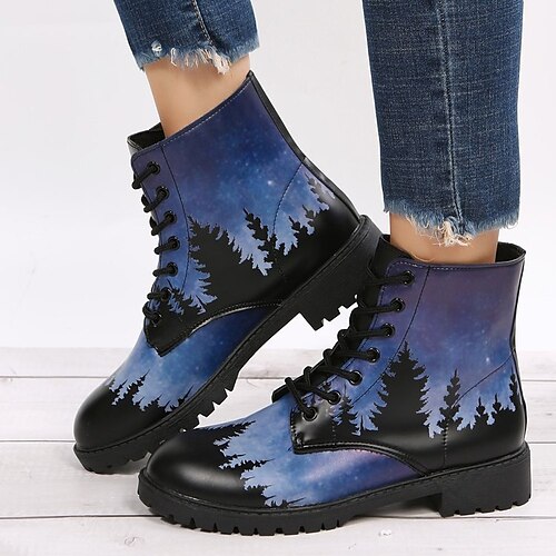 

Damen Stiefel Springerstiefel Übergrössen Täglich Stiefeletten Stiefeletten Winter Blockabsatz Runde Zehe Casual PU Leder Schnürsenkel Schwarz