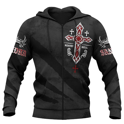 

Men's Full Zip Hoodie Jacket Black Hooded Wings Graphic Prints Cross Zipper Print Sports & Outdoor Daily Sports 3D Print Streetwear Designer Casual Spring & Fall Clothing Apparel Hoodies Sweatshirts