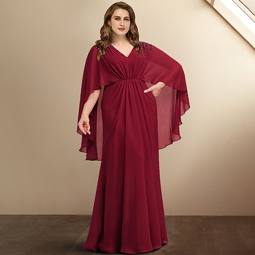 

A-Line Plus Size Curve Mother of the Bride Dresses Elegant Dress Formal Floor Length Sleeveless V Neck Chiffon with Pleats Beading 2022