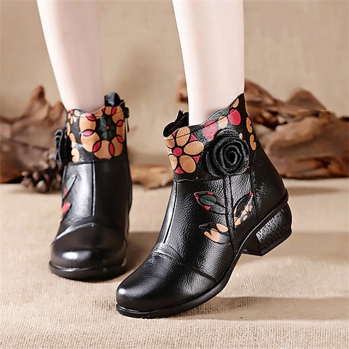 

Mujer Botas Tallas Grandes Exterior Diario Botines Botines Invierno Tacón Cuadrado Dedo redondo Vintage Elegante Cuero Cremallera Floral Negro Rojo